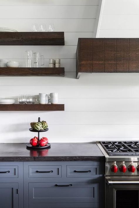 Upstate Farmhouse, Black Granite Countertops Kitchen, Dark Granite Countertops, Black Kitchen Countertops, Kitchen Floating Shelves, Leather Granite, Dark Countertops, Large Farmhouse, White Tile Backsplash