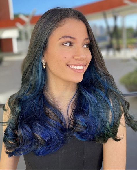 Blue Balayage Brown, Blue Face Framing Highlights, Under Hair Dye Brunette, Blue Hair Underneath Brown, Brown Hair With Blue Underneath, Under Hair Dye Blue, Brown Hair Dyed Blue, Blue Streaks In Brown Hair, Under Layer Hair Dye