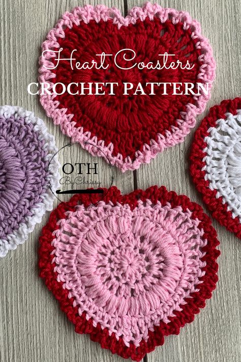 Heart Coasters Crochet, Coasters Pattern, Crochet Star Patterns, Crochet Valentine Patterns, Heart Coaster, Coasters Crochet, Fast Crochet, Crochet Border, Handmade Gifts For Friends