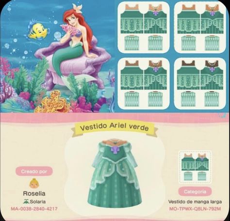 Animal Crossing Design Codes Mermaid, Mermaid Acnh Design, Princess Dress Animal Crossing, Princess Animal Crossing Island, Animal Crossing Disney Outfits, Animal Crossing Mermaid Design, Acnh Disney Princess Dresses, Animal Crossing Design Codes Dress, Animal Crossing Cute Design Codes