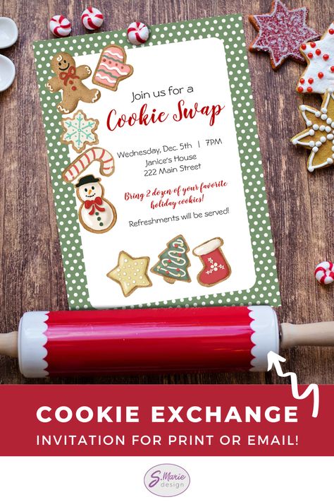 An adorable cookie swap invite for your neighborhood, PTA, or Club Holiday Cookie Exchange! Your guest list will be ready to bake and bring as soon as they receive this charming invitation filled with holiday spirit and Christmas Cookies. Customize to your heart's content with your own, unique event info! #zazzlemade #CookieExchange #ChristmasBaking #HolidayInvitation Cookie Exchange Invitation, Cute Christmas Cookies, Holiday Cookie Exchange, Christmas Cookie Exchange, Cookie Swap, Holiday Cookie, Cookie Exchange, Holiday Invitations, Guest List