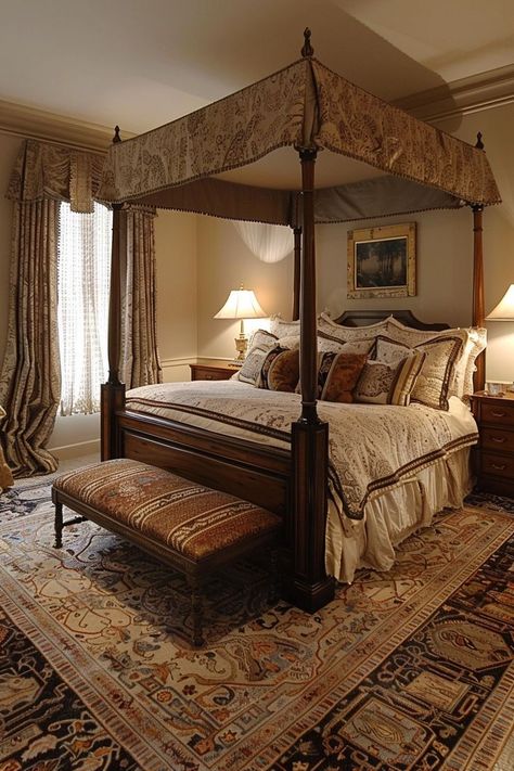 "Create a timeless retreat with Traditional Bedroom Inspirations! 🛏️✨ Embrace classic design elements like elegant furnishings, rich textiles, and intricate details. Add warmth with vintage accents, cozy rugs, and soothing color palettes for a serene and sophisticated atmosphere. Transform your bedroom into a tranquil haven that blends elegance and comfort. Discover the charm of traditional style! 🌟🛋️ #TraditionalBedroom #ClassicDesign #HomeDecor" American Colonial Interior, American Bedroom, Colonial Interior, Cozy Rugs, Vintage Interior Design, Classic Bedroom, Traditional Bedroom, Vintage Interior, Soothing Colors