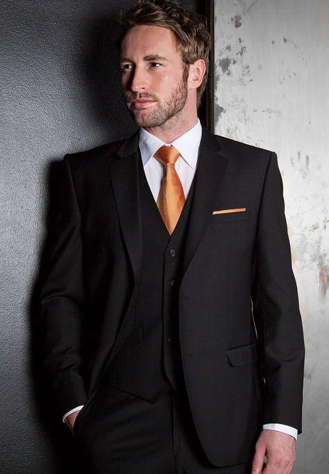 Men Suits Wedding, All Black Suit, Prom Blazers, Orange Suit, Black Suit Wedding, Suit Pin, Black Tux, Orange Tie, Groomsmen Suits