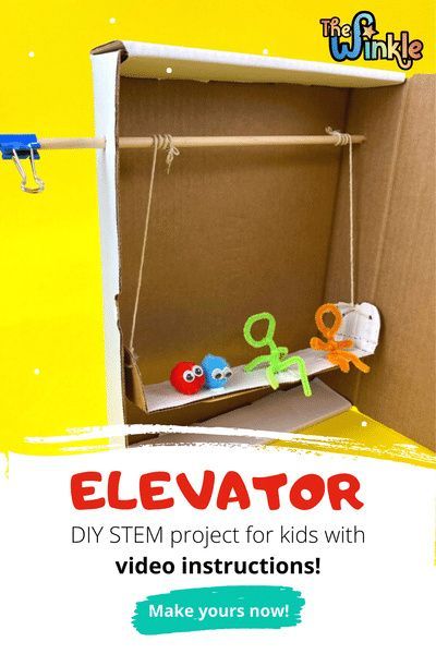 Make an elevator out of a cardboard box. STEM project for kids. Elevator Stem Challenge, Stem Cardboard Box Ideas, Diy Inventions For Kids Projects, Diy Stem Projects, Engineering Crafts, Engineering For Kids, Home Depot Projects, Diorama Kids, Stem Club