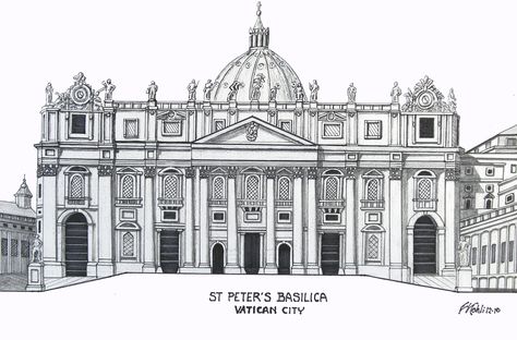 ST PETERS BASILICA - Pen and ink drawing by Frederic Kohli of the historic St Peter's Basilica in the Vatican City, Rome, Italy. St Peter's Basilica Sketch, Italy Drawing, Vatican Art, Old Italy, Basilica Architecture, St. Peter’s Basilica, Architecture Drawing Sketchbooks, St Peters Basilica, St Peters