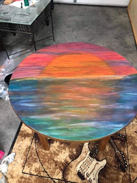 Round Table Top Painting Ideas, Painted Table Top, Unicorn Spit Stain, Painted Table Tops, Unicorn Paint, Furniture Makeover Inspiration, Painting Old Furniture, Turquoise Table, Top Paintings