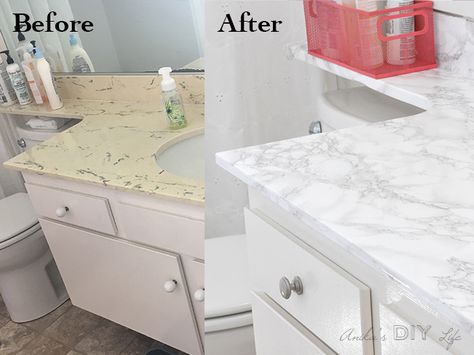 Amazing transformation with Marble Contact Paper!! I can't believe it! Diy Marble Contact Paper, Contact Paper Countertop, Marble Contact Paper, Vanity Makeover, Bathroom Vanity Makeover, Laminate Counter, Trendy Apartment, Diy Marble, Revere Pewter