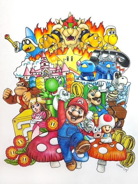 Mario Doodle Art, Super Mario Doodle Art, Super Mario Bros Drawing Ideas, Super Mario Doodles, Super Mario Drawing Ideas, Mario Bros Characters Drawing, Super Mario Art Drawing, Super Mario Drawings, Super Mario Sketch