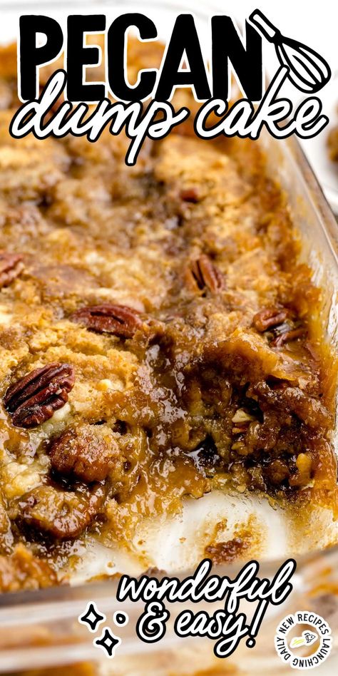 Savor the irresistible combination of sweet, caramel-like brown sugar, crunchy pecans, and effortless preparation in our pecan dump cake. Pecan Cobbler Dump Cake, Pecan Dump Cake, Pecan Desserts Recipes, Pecan Desserts, Dark Brown Sugar, Dessert Simple, Pecan Cake, Crunchy Pecans, Gateaux Cake