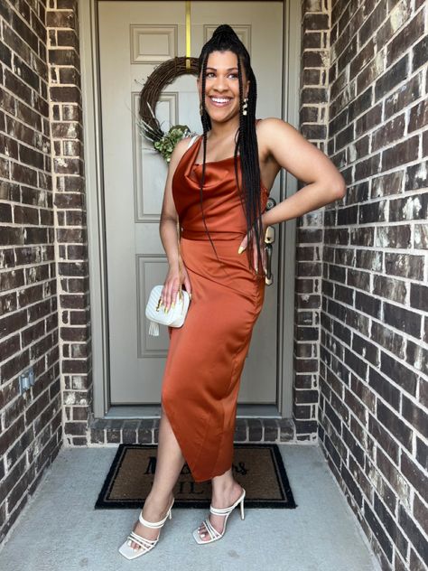 Satin dress Burnt Orange Dress Outfit Wedding Guest, Burnt Orange Wedding Guest Dress, Burnt Orange Dress Outfit Wedding, Burnt Orange Dress Outfit, Burnt Orange Outfit, Orange Dress Outfit, Orange Dress Outfits, Orange Satin Dress, Satin Dress Outfit