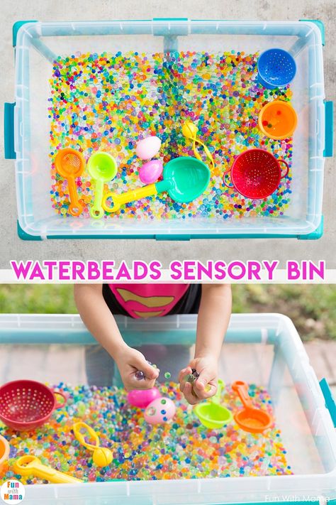 Water Beads Fun Sensory Bin! - Fun with Mama Sensory Water Beads Activities, Water Beads Sensory Play, Water Beads Play, Water Bead Sensory Bin, Water Beads Sensory Bin, Water Beads Activities For Kids, Water Bead Activities, Water Beads Ideas, Bead Activities