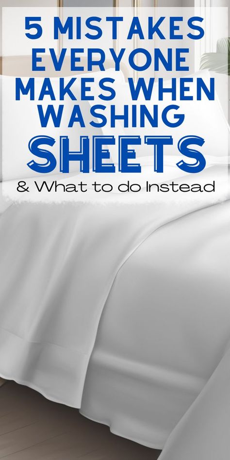 A neatly made bed with crisp white sheets, symbolizing the goal of proper sheet washing techniques that avoid the 5 common mistakes covered in the pin. How To Clean Bed, How To Bleach Whites, Wash Bed Sheets, 70s Living Room Decor, Bedding Hacks, Southern Charm Decor, Fresh Bedding, Homemade Cleaning Supplies, Clean Bed