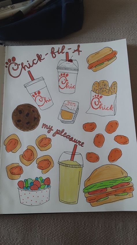 Grocery Cart Drawing, Chickfila Drawing, Food Drawings Easy, Fast Food Drawing, Dessert Sketch, Snack Drawing, Food Journal Ideas, Food Drawing Easy, Squishy Food