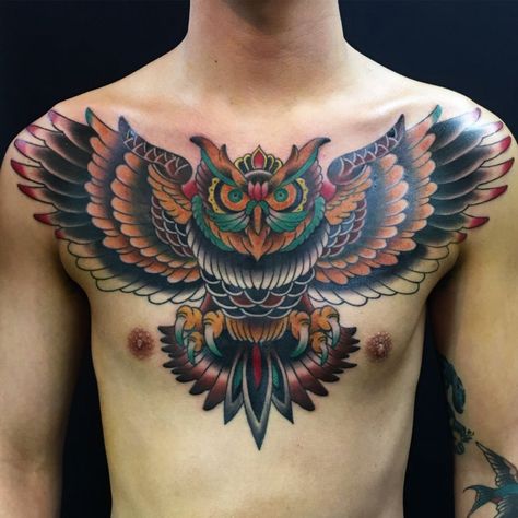 Neo Traditional Chest Tattoo, Traditional Owl Tattoo, Owl Neck Tattoo, Traditional Owl, Owl Tattoo Chest, Traditional Chest Tattoo, Traditional Owl Tattoos, Eagle Chest Tattoo, Tattoo Owl