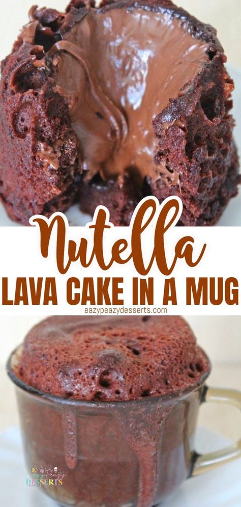 Lava Cake In A Mug, Nutella Lava Cake, Nutella Desserts Easy, Cake In A Cup, Nutella Recipes Easy, Nutella Mug Cake, Cake In A Mug, Cheesecake Oreo, Lava Cake Recipes