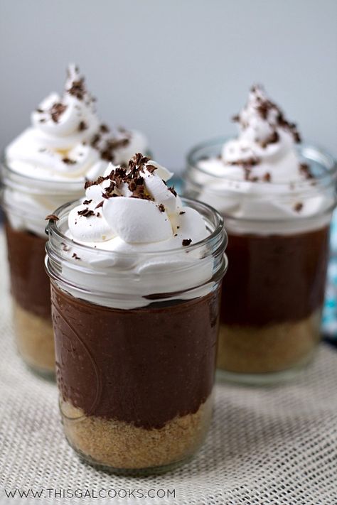 Chocolate Pudding Pie In A Jar from www.thisgalcooks.com Chocolate Pudding Pie, Pie In A Jar, Jar Desserts, Chocolate Jar, Chocolate Pie With Pudding, Mason Jar Desserts, Pudding Pie, Pudding Pies, Dessert In A Jar