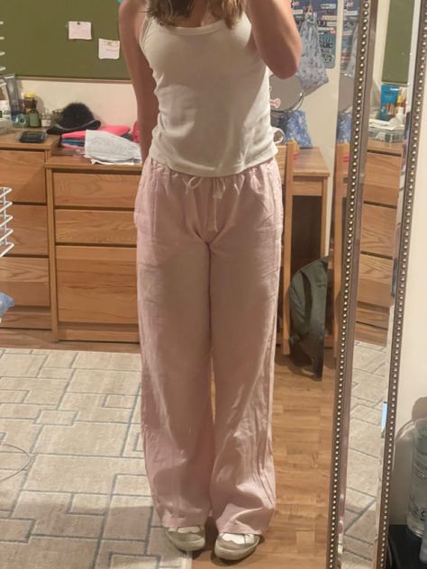 Brandy Melville Pink Linen Pants, Brandy Pink Linen Pants, Brandy Linen Pants, Coquette Comfy Outfits, Pink Linen Pants Outfit, Cute At Home Outfits, Brandy Melville Style, Pink Linen Pants, Shopping List Clothes