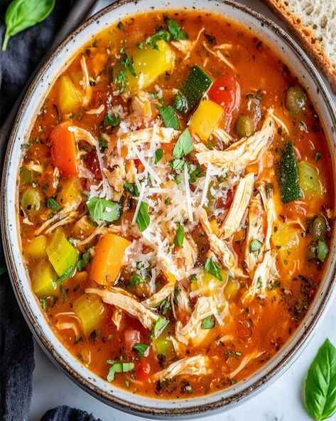 Italian Chicken Veggie Soup Recipe | Hearty & Easy-to-Make Italian Chicken Vegetable Soup, Veggie Soup Recipe, Veggie Soup Recipes, Chicken Veggie Soup, Crockpot Soups, Squash Vegetable, Vegetable Soup With Chicken, Tomato Broth, Veggie Soup