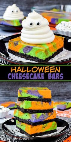 Halloween Swirled Cheesecake Bars - bright colorful swirled cheesecake bars with a spooky whipped cream ghost will get smiles from everyone. Try this easy recipe for Halloween parties. #cheesecake #halloween #ghosts #cheesecakebars Swirled Cheesecake, Halloween Cheesecake, Halloween Torte, Creepy Halloween Food, Recipes Halloween, Postres Halloween, Halloween Food Dinner, Dessert Halloween, Recipes Drinks