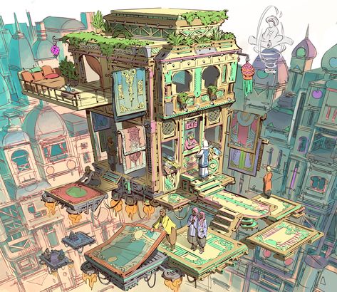 Inn Design, Fantasy Inn, Concept Landscape, Floating Village, Art Assignments, Flying Carpet, Bounty Hunters, Cyberpunk City, Low Poly Art