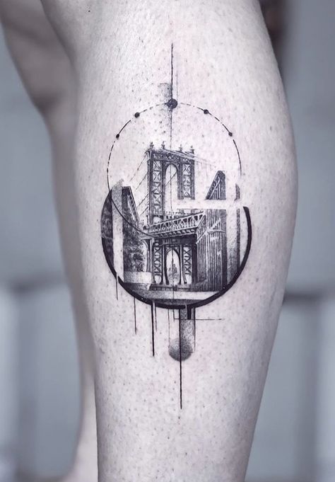 Bridge Tattoo, Brooklyn Tattoo, Castle Tattoo, New York Tattoo, Nyc Tattoo, Single Needle Tattoo, Map Tattoos, City Tattoo, Geometry Tattoo