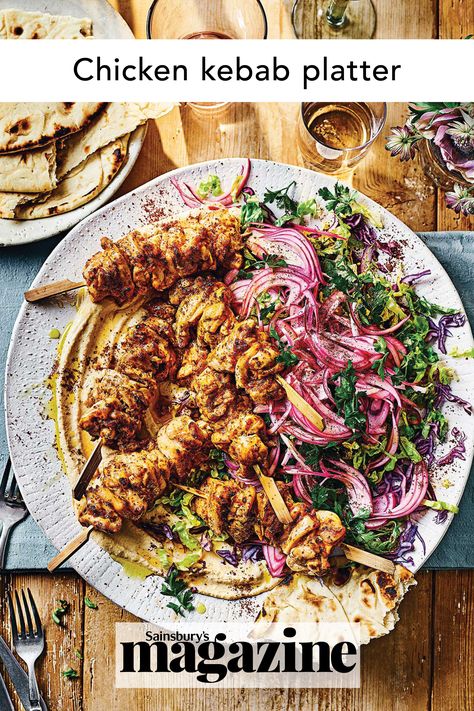 This chicken kebab platter from chef John Gregory-Smith can be served like a barbecue sharing board. The recipe also works brilliantly with lamb. Get the Sainsbury’s magazine recipe Recipes For Lamb, Lamb Shawarma, Arabisk Mad, Yotam Ottolenghi Recipes, Ottolenghi Recipes, Marinated Lamb, Kebabs On The Grill, Grilled Bread, Grilled Lamb