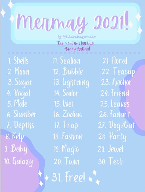 My custom mermay prompt list! Tag me if you do any of them!! Kawaii Drawing Prompts, Mermay Prompt List, Mermay Prompt 2024, Mermay Prompt 2023, Mermay Prompt, Mermay 2024, Mermay 2023, Creativity Challenge, Artist Block