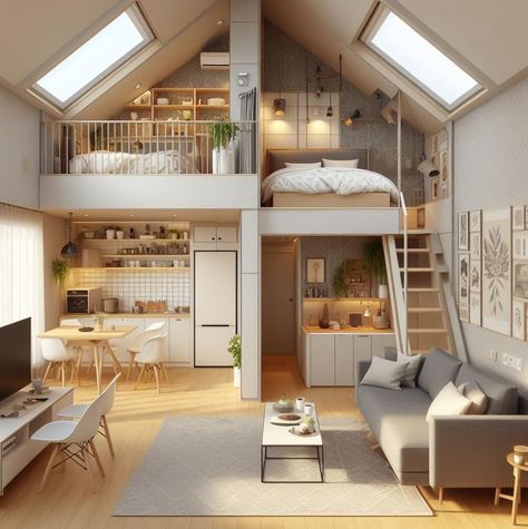 Loft Type House, Tiny Loft, Houses Interior, Kitchen Ideas For Small Spaces, Cottage Plans, Design Kitchen Ideas, Small House Layout, Tiny House Loft, Tiny House Layout