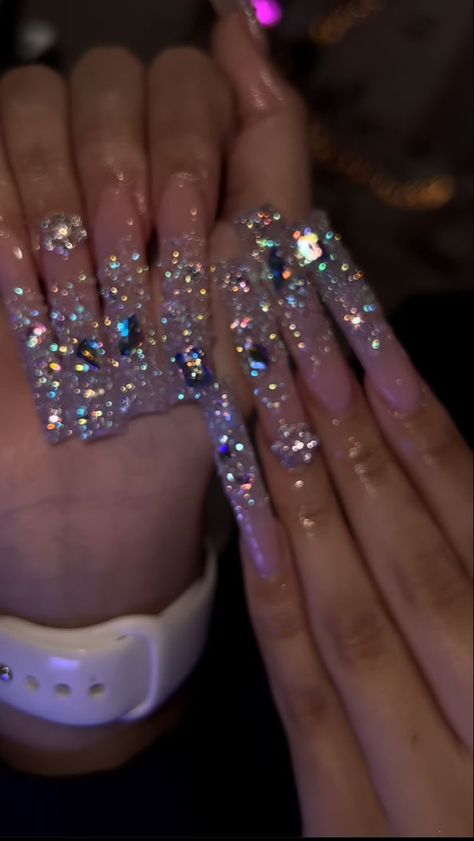 Extra Prom Nails, Long Square Acrylic Nails Designs Bling, Dramatic Birthday Nails, Sparkly Long Nails, Extra Long Acrylic Nails Bling, Bling Prom Nails, Glitter Birthday Nails, Birthday Nail Designs Bling, Boujee Nails Acrylic Long