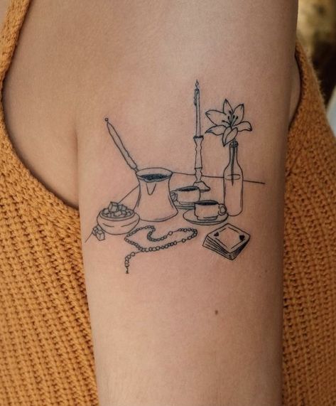 Book Shelf Tattoo, From The Dining Table Tattoo, Picnic Tattoo, Still Life Tattoo, Table Tattoo, Artsy Tattoos, Unique Tattoo Ideas, Tattoos With Kids Names, Bold Artwork