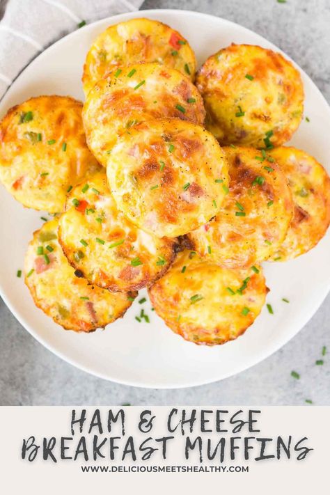 These ham and cheese muffins are a great make-ahead breakfast full of healthy and filling ingredients. Make up a batch of these egg bites on the weekend and enjoy them for grab-and-go breakfasts throughout the week. Keto Ham Egg Cheese Cups, Egg And Ham Bites Muffin Tins, Ham And Cheese Muffin Cups, Ham Egg Bites Muffin Tins, Ham And Cheddar Muffins, Egg Muffins Breakfast Ham, Ham And Cheese Breakfast Muffins, Ham And Cheese Egg White Bites, Ham And Gruyere Egg Bites