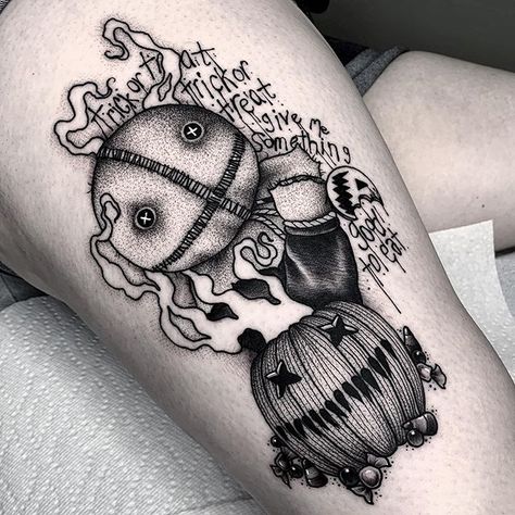 Sam from Trick ‘r Treat, one of my favorite Halloween movies 🎃 What is yours?#blackcaskettattoo . . . #blackwork #blackworkerssubmission… Spooky Tattoo Designs, Sam Trick R Treat Tattoo, Matching Horror Tattoos, Trick Or Treat Tattoo, Trick R Treat Tattoo, Scary Tattoo Designs, Emily Tattoo, Edgy Tattoos, Trick R Treat Sam