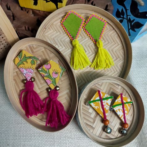 Textile based kite earrings Kite Jewelry, Kite Earrings, Makar Sankranti, Fabric Earrings, Handmade Jewellery, Sugar Cookie, Handmade Jewelry, Fabric, Quick Saves