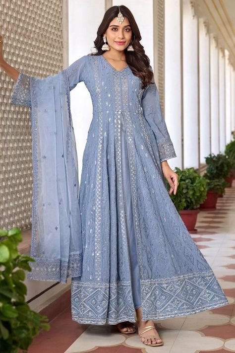 Periwinkle Embroidered Faux Georgette Pant Kameez Heavy Salwar Suit, Anarkali Designs, Georgette Material, Celana Fashion, Georgette Anarkali, Anarkali Salwar, Suit Collection, Readymade Saree, Elegant Embroidery