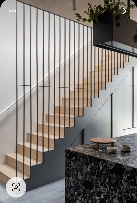 Modern Staircase Railing Iron, Narrow Staircase Design, Narrow Stairs Ideas, Stairs From Kitchen, Stairs With Storage, Railings For Stairs, تحت الدرج, Staircase Interior Design, Staircase Design Modern