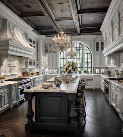 Modern Castle Kitchen, Huge Kitchen Luxury, Cupboards Designs, Big Open Kitchen, Big Kitchen Ideas, Kitchen Cupboards Design, Dramatic Kitchen, Cupboards Design, Castle Kitchen