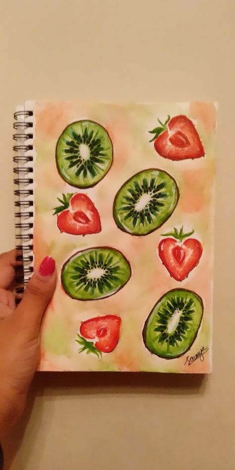 Kiwi Drawing Simple, Cute Kiwi Drawing, Fruit Drawing Simple, Strawberry Painting Easy, Strawberry Drawing Simple, Kiwi Painting, Strawberries Drawing, Kiwi Drawing, How To Draw Fruit