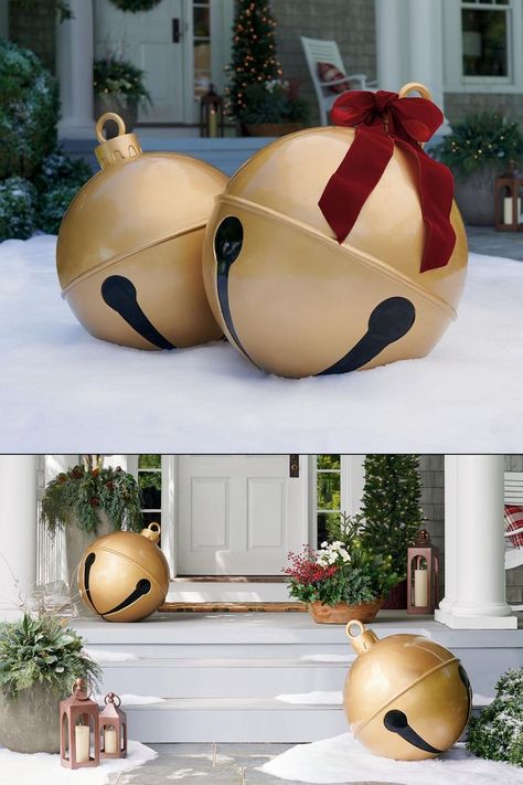 Large Christmas Decorations, Giant Christmas Ornaments, Large Christmas Ornaments, Christmas Porch Decor, Christmas Decorations Diy Outdoor, Elf On The Shelf Ideas, Christmas Porch, Shelf Ideas, Christmas Deco