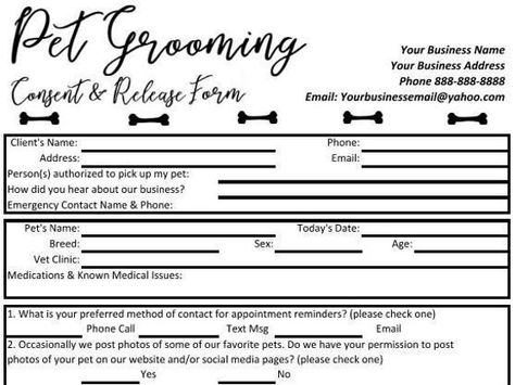 Pet Grooming Consent and Release form. This form is the perfect form to help organize your business! This is a customizable, editable template in excel pre-formatted to print at 8 1/2 x 11 size. - Client Information including authorized persons to pick up client pets, how did you hear about us?, Dog Grooming Salon Decor, Pet Grooming Business, Grooming Salons, Cat Groomer, Pet Grooming Salon, Service Template, Doggy Day Care, Dog Grooming Shop, Spa Menu