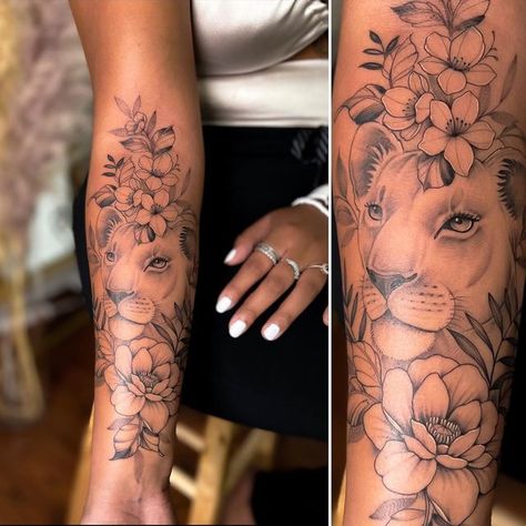 Bottom Arm Sleeve Tattoo, Lioness Forearm Tattoo Women, Lioness Sleeve Tattoo, Lion Arm Tattoo Women, Feminine Arm Sleeve Tattoos, Sleeve Inspo Tattoo, Ladies Forearm Tattoo Ideas, Fine Line Sleeve, Arm Sleeve Women