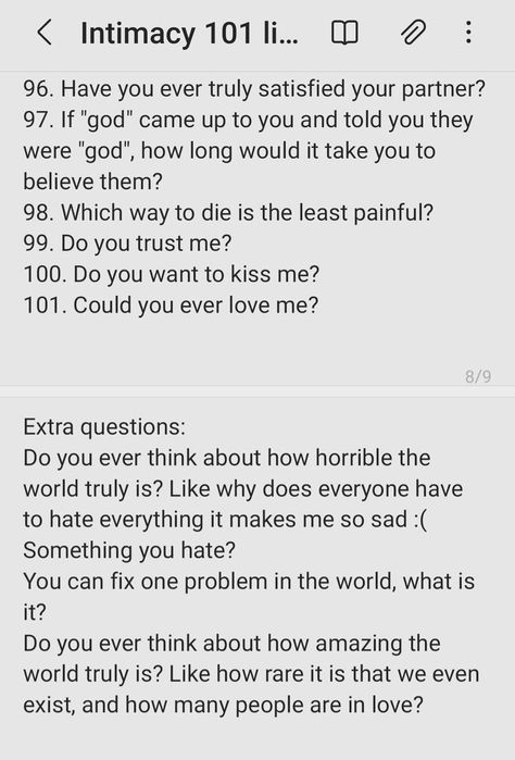 This post is a way to share a list of "Intimacy 101 Questions", credit to https://pin.it/348PaO6, tho it should be noted that they did not create all the questions. Cute Messages For Him, Deep Conversation Topics, Do You Trust Me, Topics To Talk About, Conversation Topics, Healthy Communication, List Of Questions, Deep Questions, Getting To Know Someone