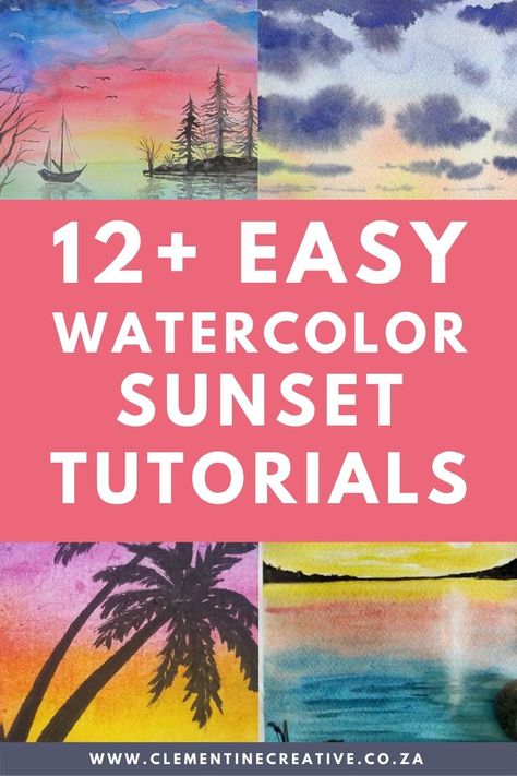 Easy Watercolor Sunset Painting Tutorials and Ideas Painting A Sunset, Watercolor Tutorial Beginner, Watercolor Sunsets, Sunset Painting Easy, Beginning Watercolor, Teaching Watercolor, Watercolor Scenery, Learn Watercolor Painting, Art Tutorials Watercolor