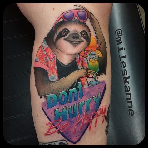 Lookin to break the internet with this one! Did this #party#sloth on @j9tattoos hands down one of my all time favorite tattoos I've done so far! #slowyoroll#donthurrybehappy#80s#80sparty#hurricane#tropical#babysloth#hawaiianshirt#90s @stevestontattoocompany @tattooistartmag @tattoolifemagazine @tattoo_art_worldwide Canada Tattoo, Sloth Tattoo, Movie Tattoo, Party Tattoos, Tattoo Magazine, Make Tattoo, Calf Tattoo, Head Tattoos, Neo Traditional