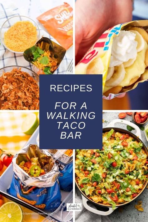 Ease the stress at your next party with a walking taco bar. Whether you want walking tacos for a crowd or for just a few, these 8 walking taco bar ideas will dish out something good! We have walking tacos in a bag, a chicken walking tacos recipe, walking tacos casserole without a bag, and walking desserts like walking banana pudding and walking smores cones (campfire cones). We'll show you how to make walking tacos Doritos style, walking tacos Fritos style, and walking tacos ground beef style. Fritos Walking Taco, Walking Taco Bar Party Sides, Walking Taco Graduation Party Ideas, Vegetarian Walking Tacos, Keto Walking Tacos, Walking Breakfast Tacos, Dinner In A Bag, Taco In A Bag Bar Party Ideas, Walking Taco Bar Ideas