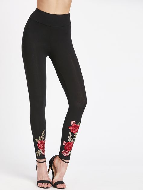 Embroidered Flower Applique Wide Waistband Leggings - $16 Clothes For Women In 30's, Embroidered Leggings, Women Trousers Design, Flower Leggings, Women Trousers, Teen Clothes, Women Dresses Classy, Flare Leggings, Casual Tops For Women