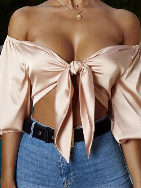 Bow Crop Tops, Silk Crop Top, Satin Crop Top, Tie Crop Top, Modieuze Outfits, Cropped Tops, Satin Top, Solid Clothes, Sleeves (women)