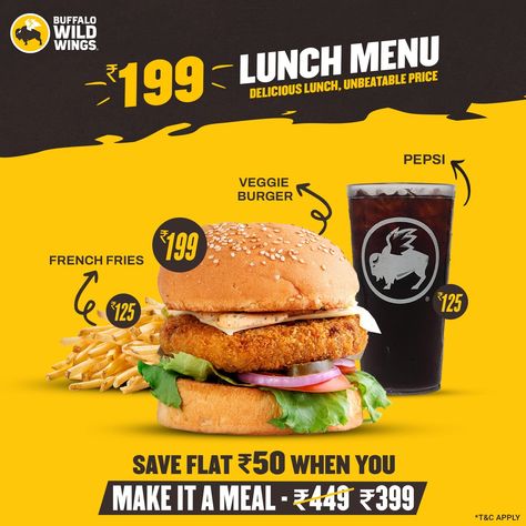 Upgrade your 199 Lunch Menu with a full meal for only 399/-. Enjoy our Veggie Burger and more at Buffalo Wild Wings India. Don’t miss this limited-time offer! . . . . #BWW199Menu #BWW199LunchMenu #199MENU #NewMenu #BWWingsIndia #BWWDeals #LunchMeal #BWW199 #NowServing #LunchDeal #bwwingsindia #bdubs #hyderabad #bengaluru #bdubs #VeggieBurger Buffalo Wild, Buffalo Wild Wings, Lunch Menu, New Menu, Yummy Lunches, Full Meal Recipes, Veggie Burger, French Fries, Lunch Recipes