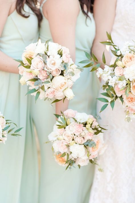 Sage Green And Blush Wedding, Green And Blush Wedding, Sage Green Bridesmaid Dresses, Blush Wedding Centerpieces, Sage Green Bridesmaid, Catholic Church Wedding, Light Pink Bridesmaid Dresses, St Bernadette, Blush Wedding Colors