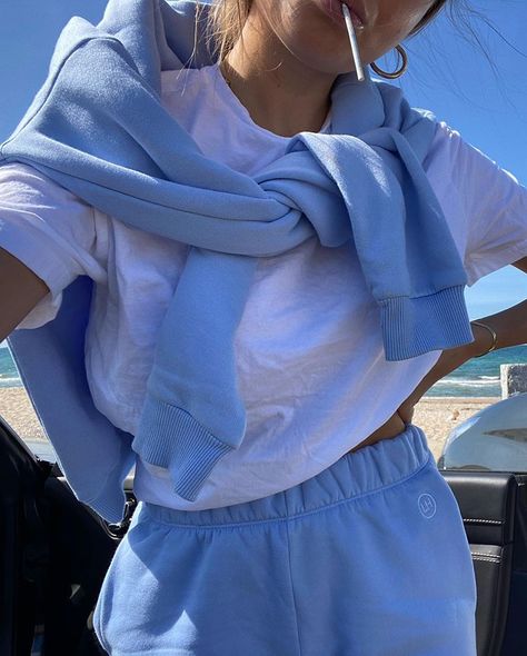 Anna Astrup (@annaastrup) • Instagram photos and videos Sweatshirt Tied Around Shoulders Outfit, Hoodie Tied Around Shoulders, Sweatshirt Tied Around Shoulders, Dresscode Outfits, Anna Astrup, Sky Blue Outfit, Blue Sweatpants, Tennis Skirt, Colourful Outfits