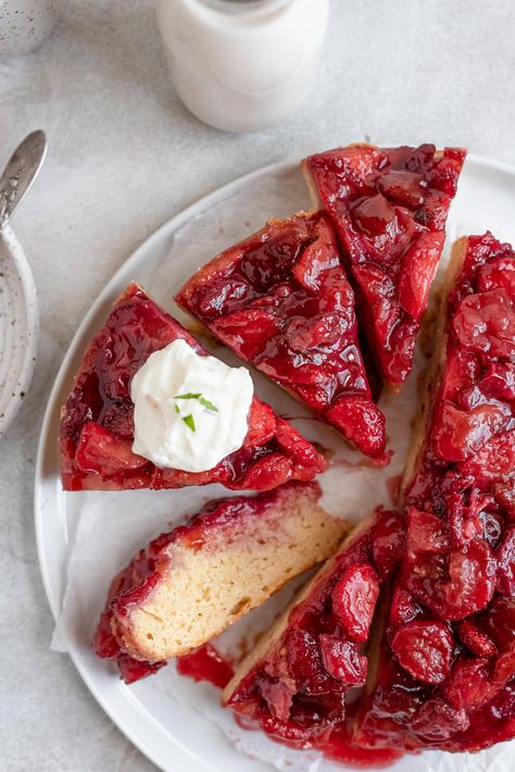 Strawberry Upside Down Cake | A Cookie Named Desire Strawberry Upside Down Cake, Light Dessert, Strawberry Topping, Light Desserts, Strawberry Desserts, Upside Down Cake, Dessert Cupcakes, Frozen Strawberries, Easy Cake Recipes